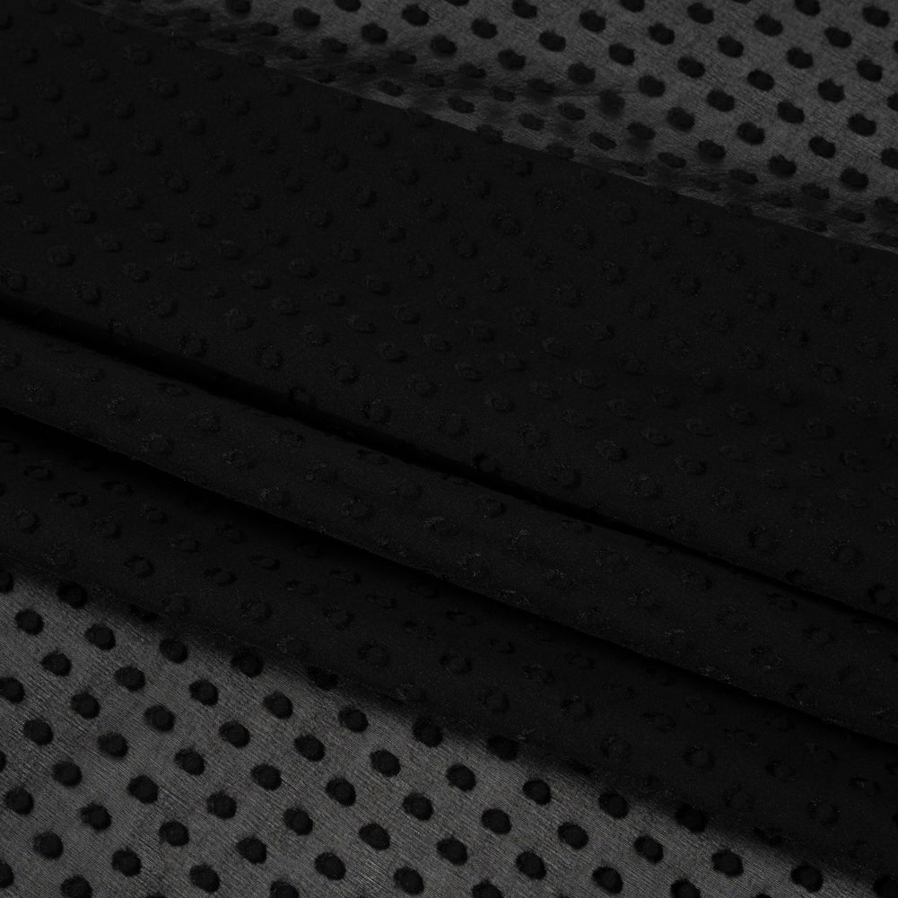 Famous Australian Designer Black Textured Burnout Polka Dots Silk and Viscose Georgette Folded