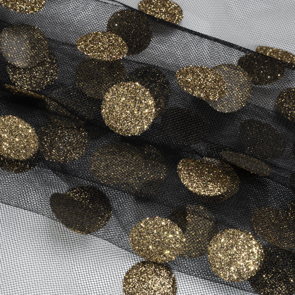 Famous Australian Designer Black and Gold Glitter Polka Dots Tulle Folded