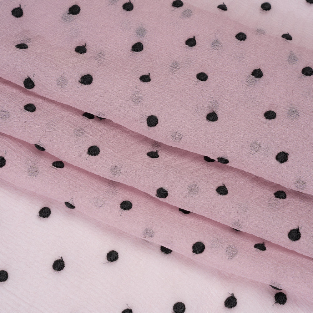 Famous Australian Designer Lilac and Black Embroidered Polka Dots Crinkled Silk Georgette Folded