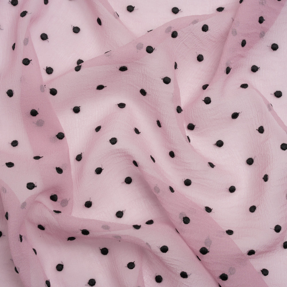Famous Australian Designer Lilac and Black Embroidered Polka Dots Crinkled Silk Georgette