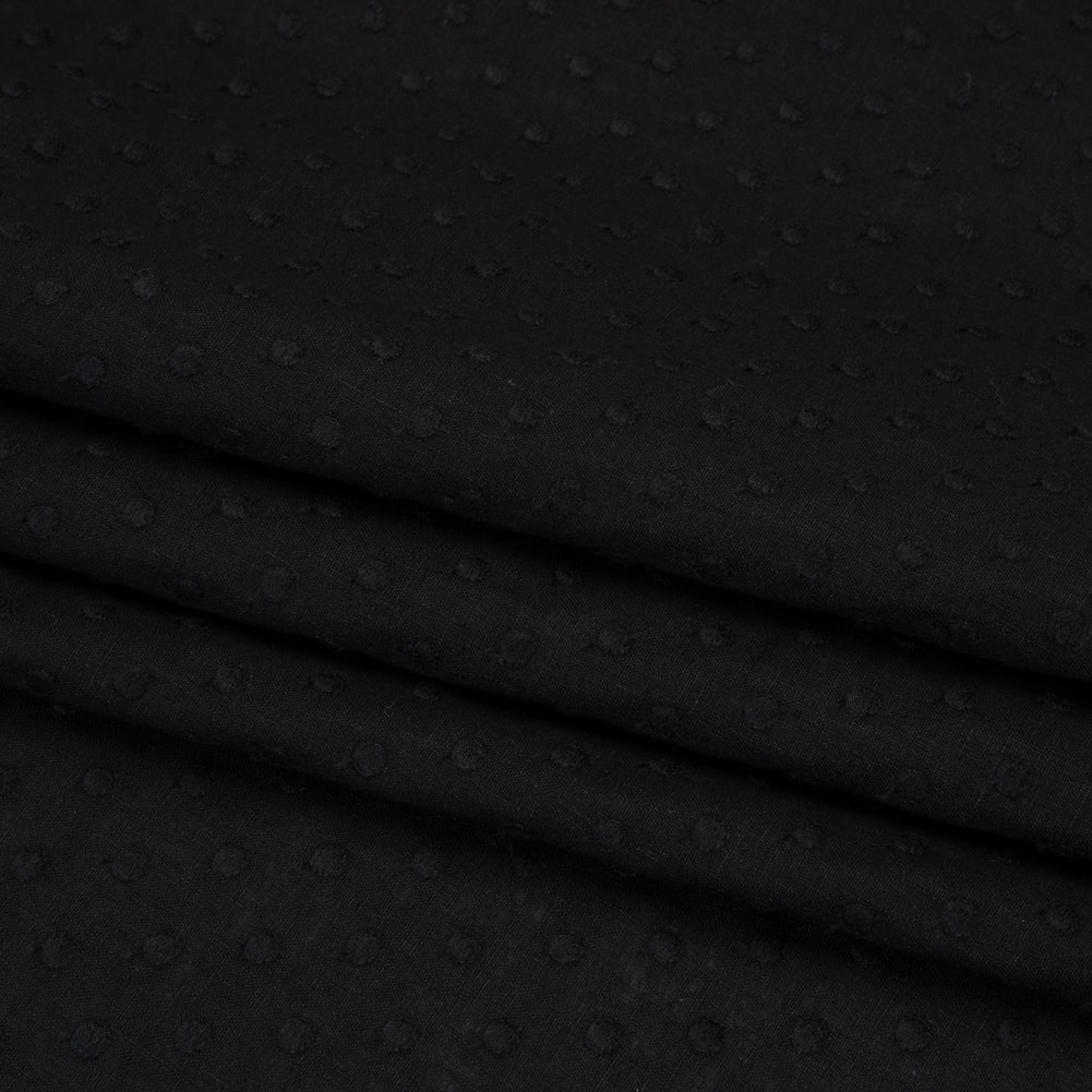 Famous Australian Designer Black Embroidered Polka Dots Medium Weight Linen and Cotton Woven Folded