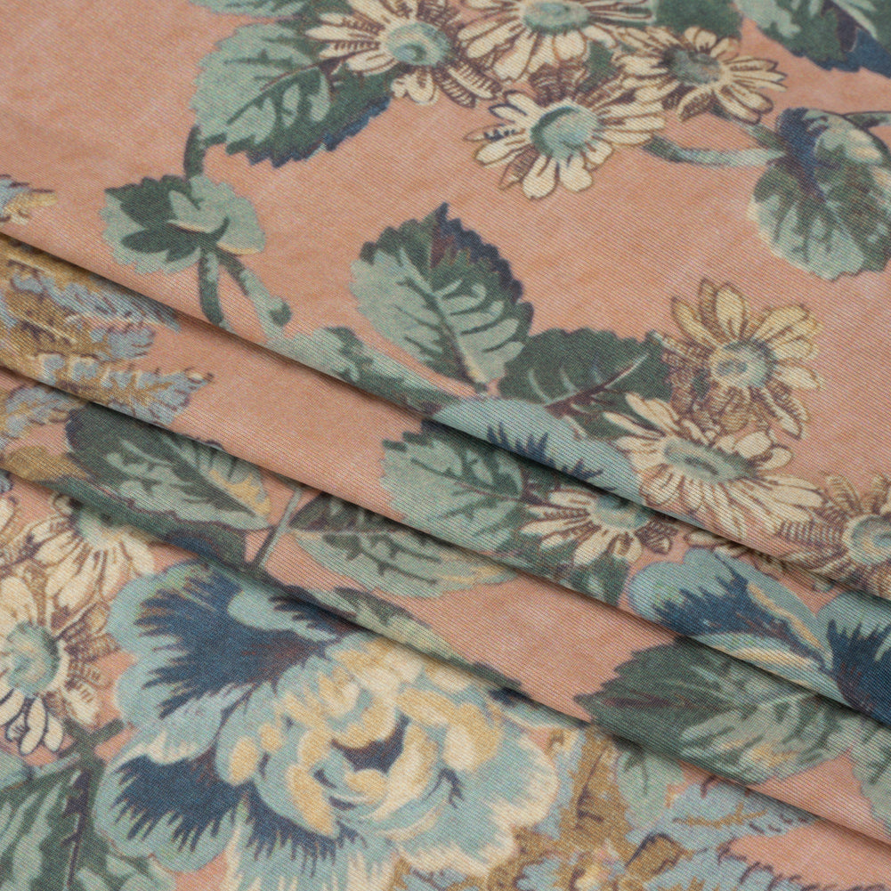 Famous Australian Designer Blue, Green and Beige Floral Stretch Polyester Jersey Folded