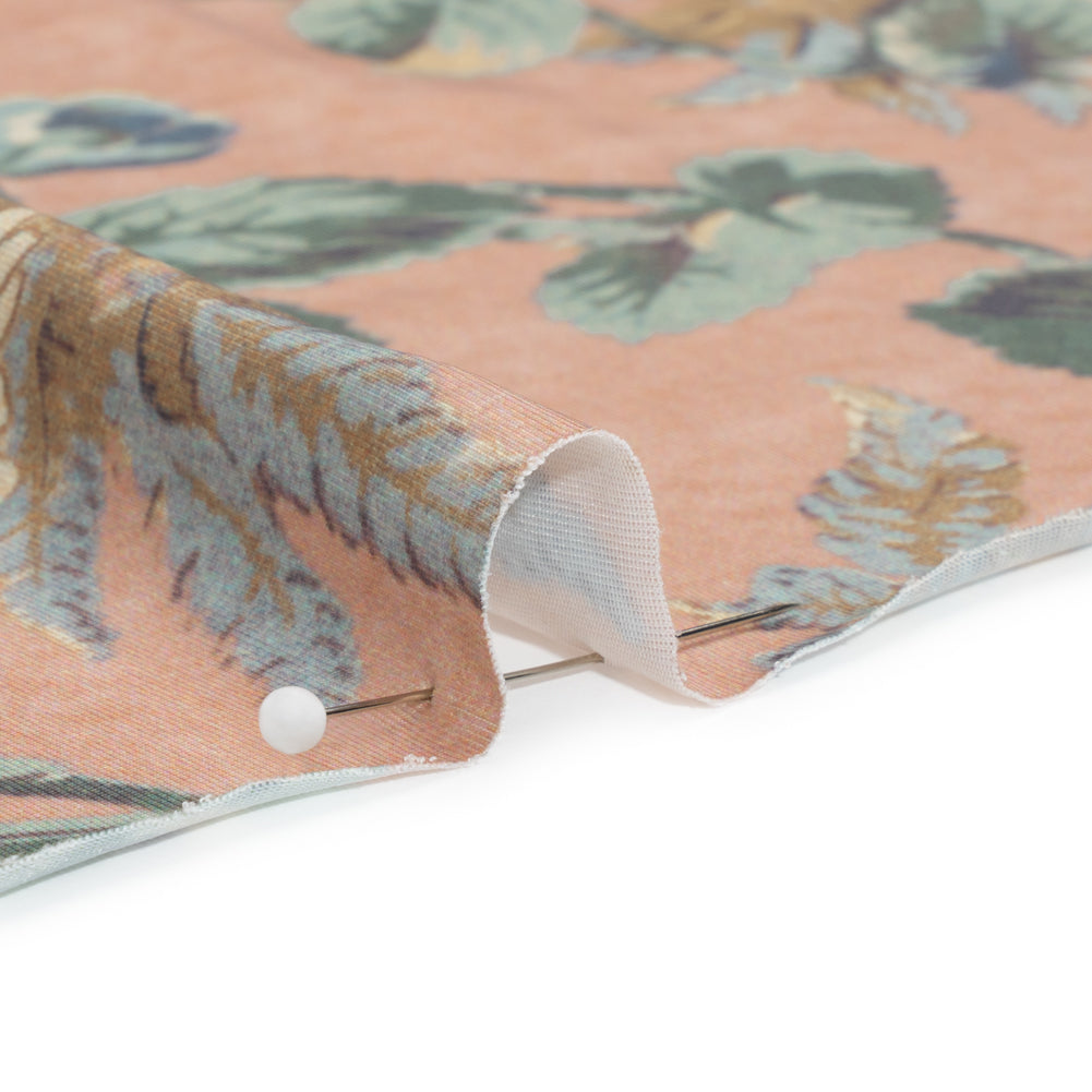 Famous Australian Designer Blue, Green and Beige Floral Stretch Polyester Jersey Detail