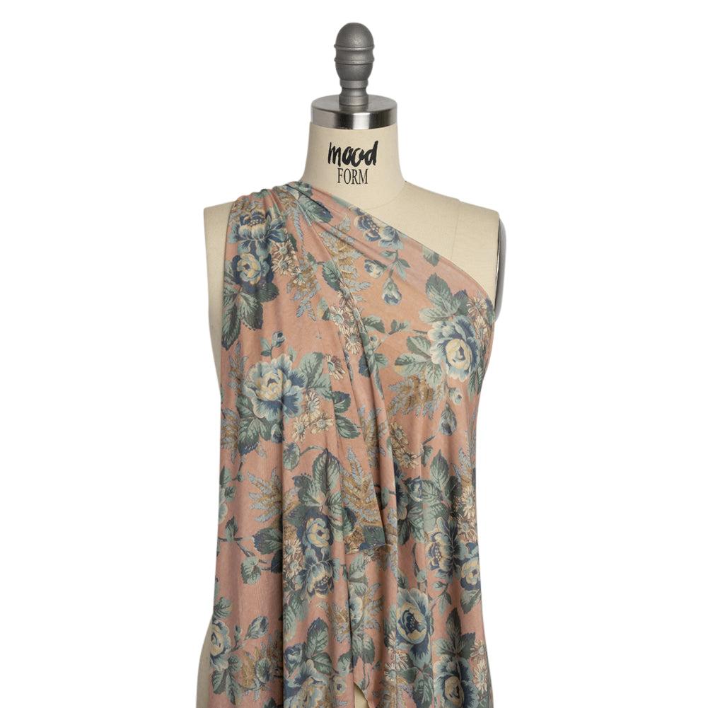 Famous Australian Designer Blue, Green and Beige Floral Stretch Polyester Jersey Drape