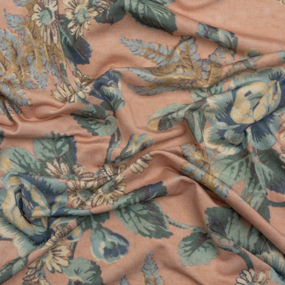 Famous Australian Designer Blue, Green and Beige Floral Stretch Polyester Jersey