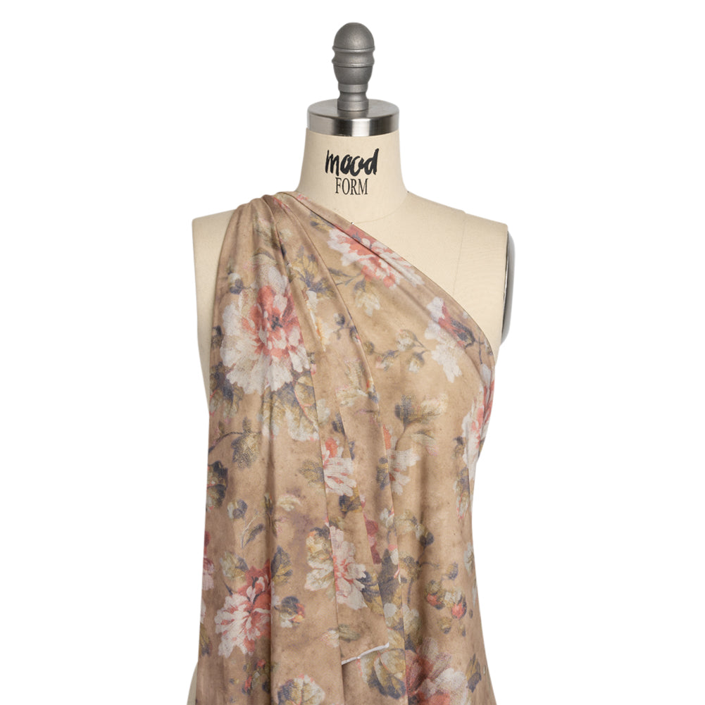 Famous Australian Designer Warm Taupe and Rose Floral Fresco Stretch Polyester Jersey Drape