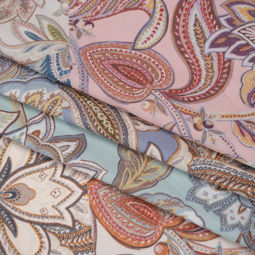 Famous Australian Designer Pink, Periwinkle and Mint Patchwork Paisley Stretch Polyester Jersey Folded