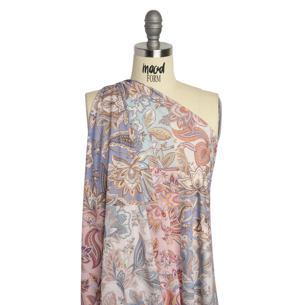 Famous Australian Designer Pink, Periwinkle and Mint Patchwork Paisley Stretch Polyester Jersey Drape