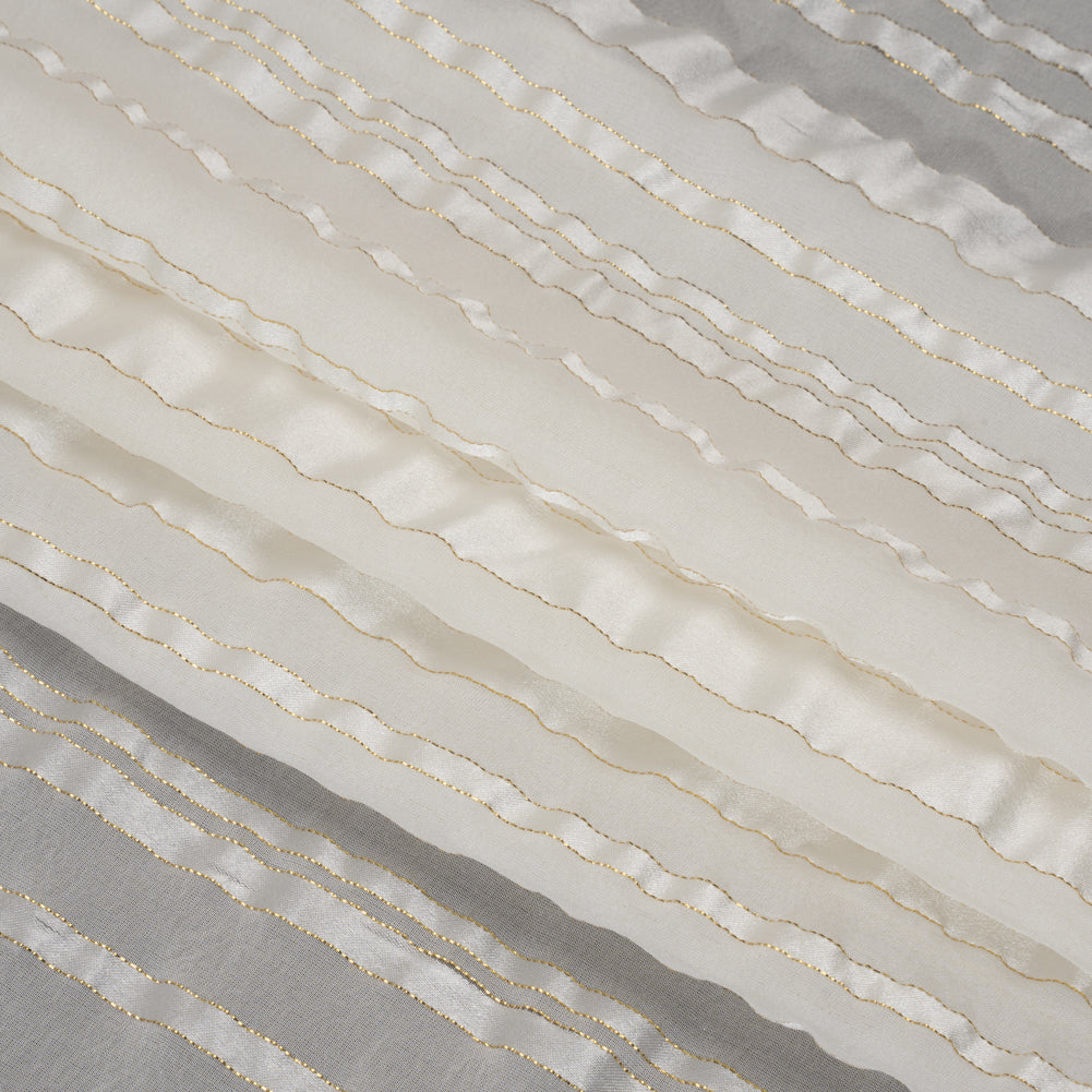Famous Australian Designer White and Metallic Gold Satin Burnout Stripes Silk Woven Folded