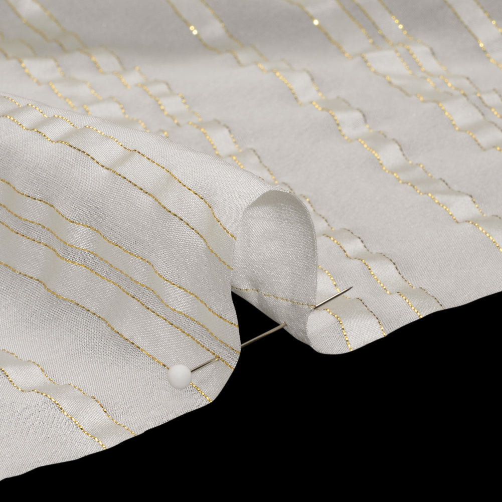 Famous Australian Designer White and Metallic Gold Satin Burnout Stripes Silk Woven Detail