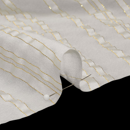 Famous Australian Designer White and Metallic Gold Satin Burnout Stripes Silk Woven Detail