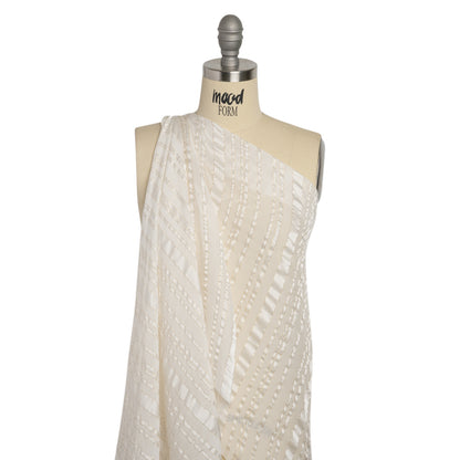 Famous Australian Designer White and Metallic Gold Satin Burnout Stripes Silk Woven Drape