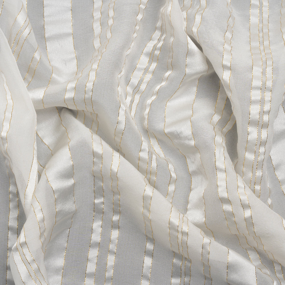 Famous Australian Designer White and Metallic Gold Satin Burnout Stripes Silk Woven