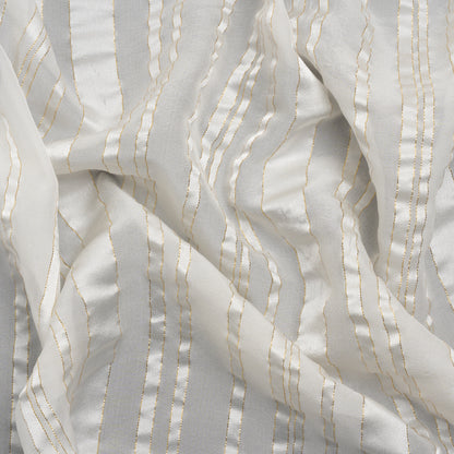 Famous Australian Designer White and Metallic Gold Satin Burnout Stripes Silk Woven