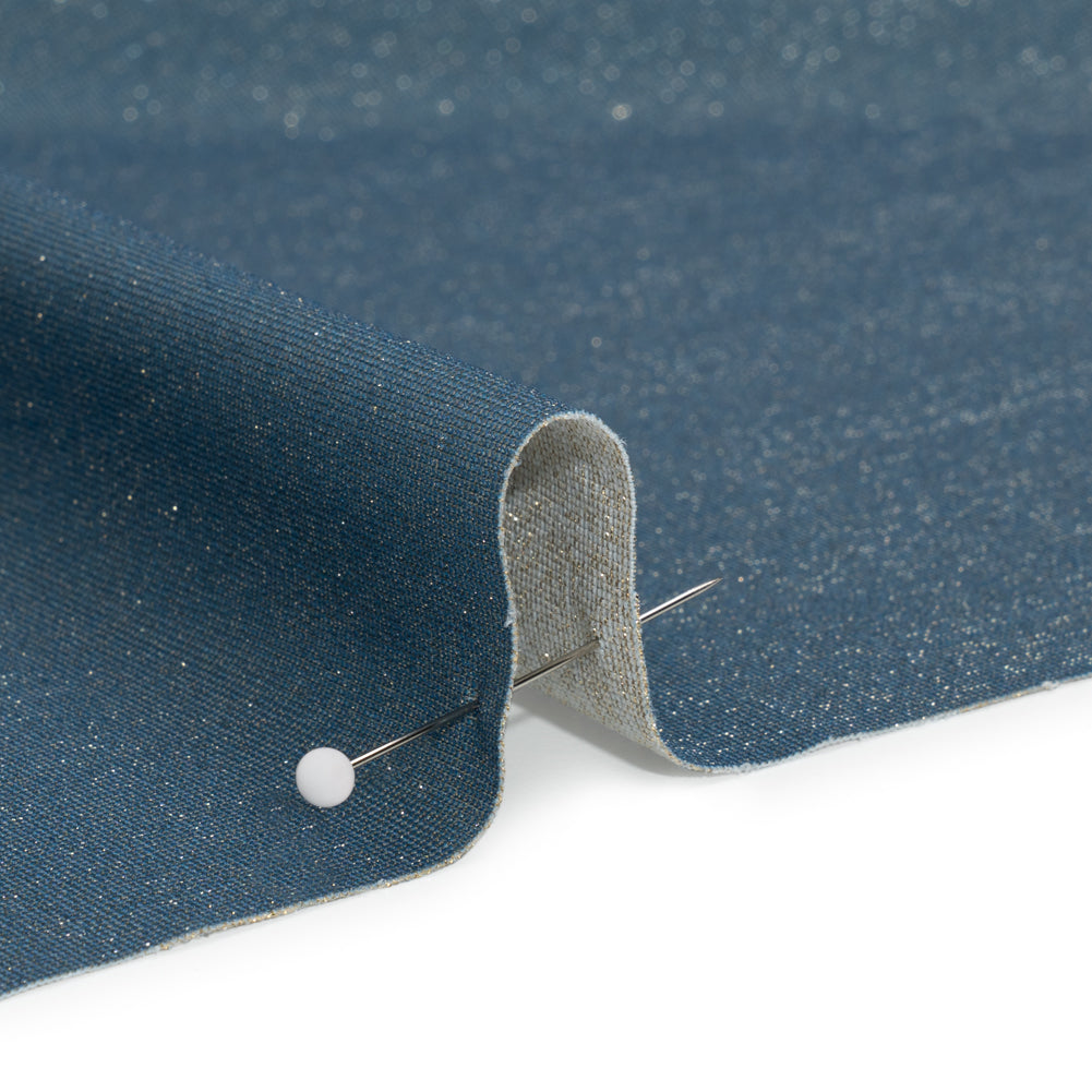 Famous Australian Designer Gray, French Blue and Metallic Gold Double Face Stretch Polyester Tricot Detail