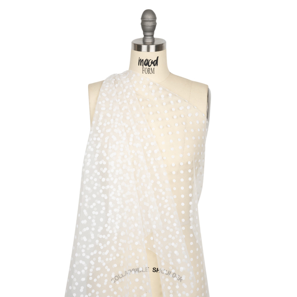 Famous Australian Designer White Big Flocked Polka Dots Polyester Tulle Drape