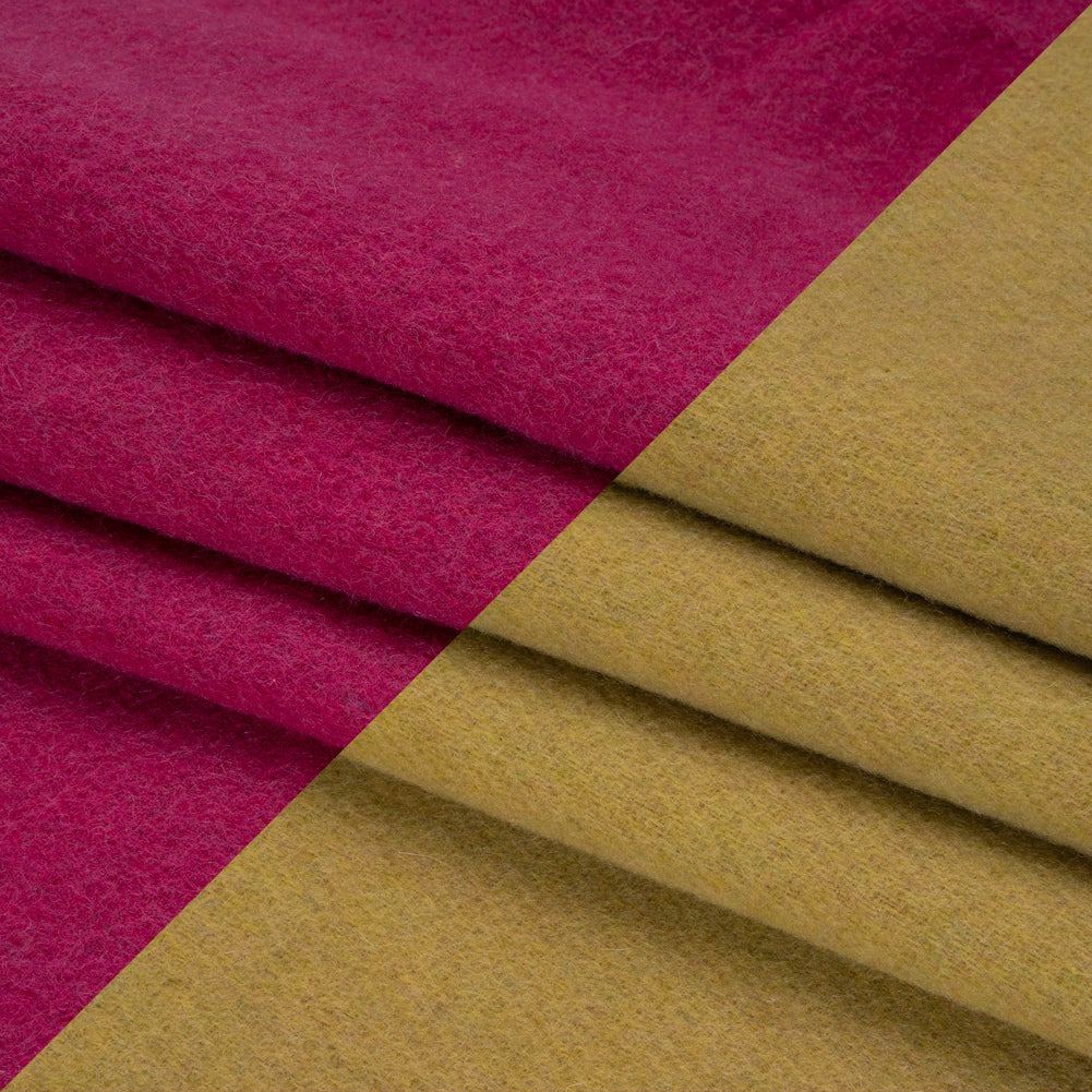 Italian Camel and Fuchsia Brushed Wool and Polyester Double Cloth Coating Folded