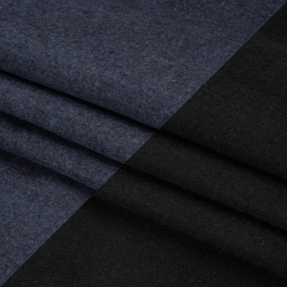 Italian Black and Navy Brushed Wool and Polyester Double Cloth Coating Folded