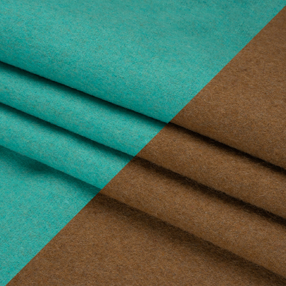 Italian Camel and Aqua Brushed Wool and Polyester Double Cloth Coating Folded