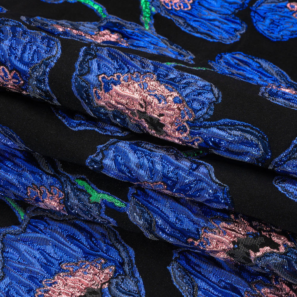 Carolina Herrera Metallic Blue, Green and Black Poppies Polyester and Nylon Brocade Folded