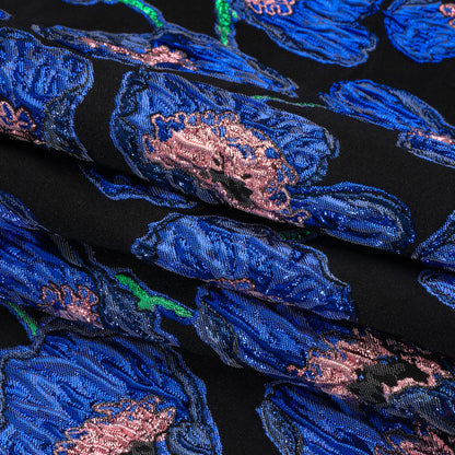 Carolina Herrera Metallic Blue, Green and Black Poppies Polyester and Nylon Brocade Folded