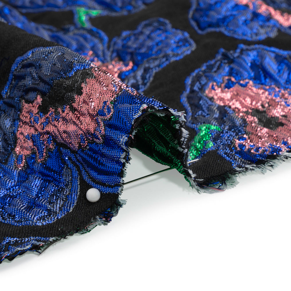Carolina Herrera Metallic Blue, Green and Black Poppies Polyester and Nylon Brocade Detail