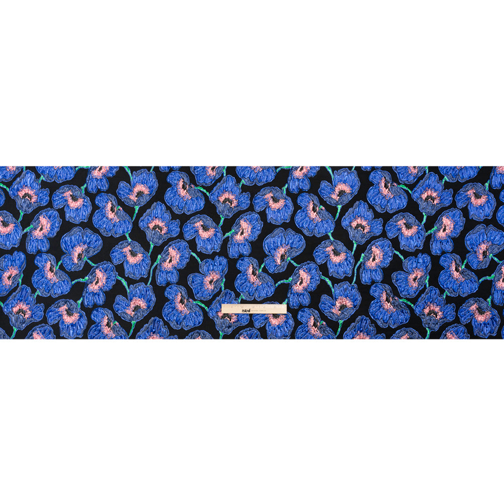 Carolina Herrera Metallic Blue, Green and Black Poppies Polyester and Nylon Brocade Full
