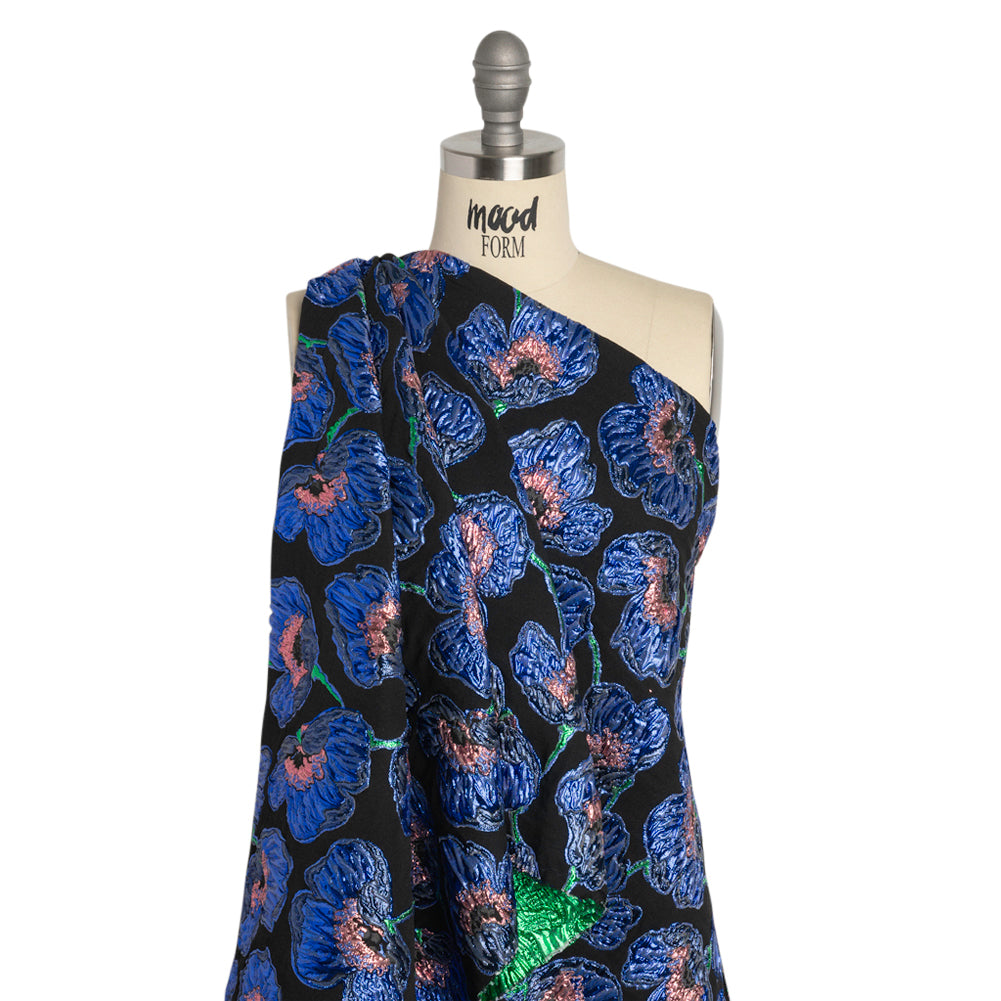 Carolina Herrera Metallic Blue, Green and Black Poppies Polyester and Nylon Brocade Drape