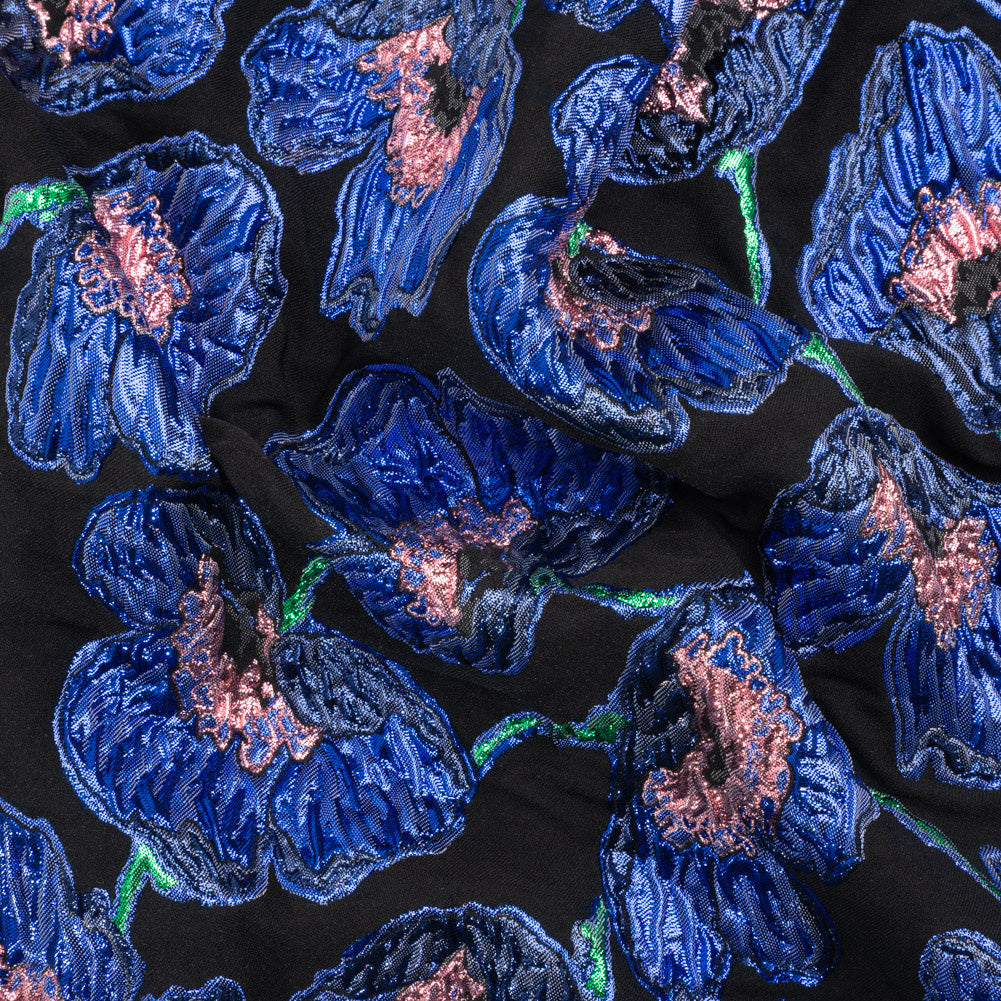 Carolina Herrera Metallic Blue, Green and Black Poppies Polyester and Nylon Brocade