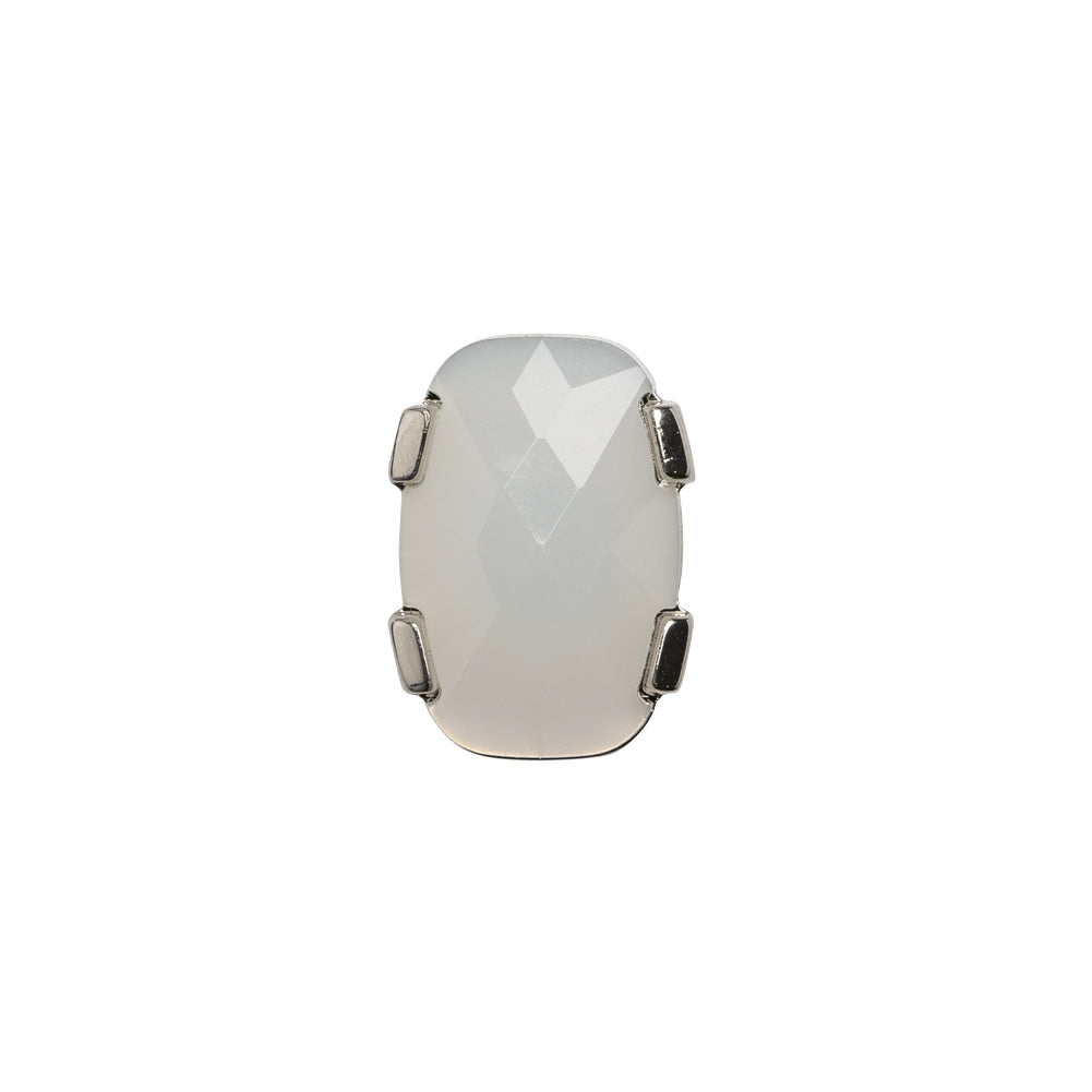 Plastic Shank Back Button - Semi-Translucent White and Metallic Silver Faceted Rounded Rectangle - 24L/15mm