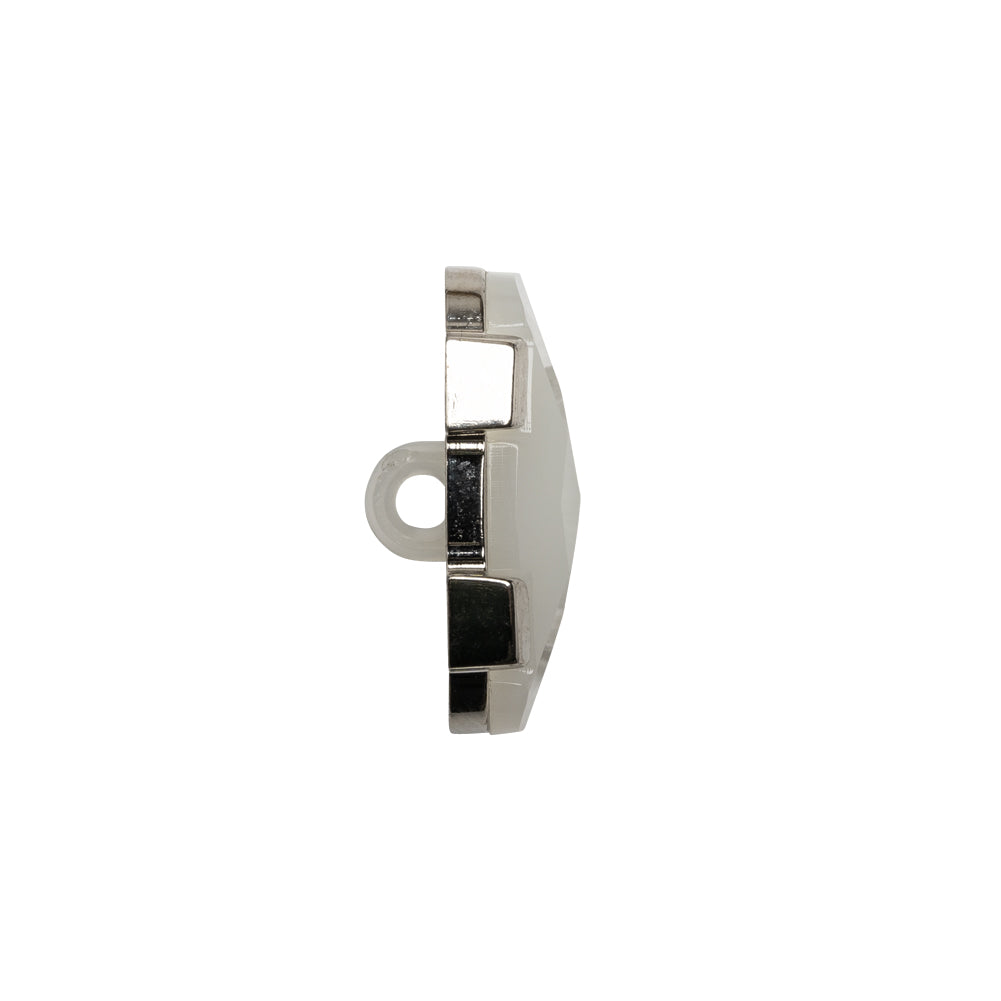 Plastic Shank Back Button - Semi-Translucent White and Metallic Silver Faceted Rounded Rectangle - 32L/20mm Folded