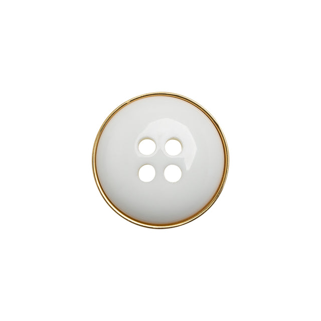 Plastic 4-Hole Button Made in Italy - White and Metallic Gold Convex Narrow Rim - 28L/18mm