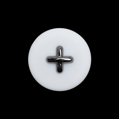 Plastic Shank Back Button - 36L/23mm - White and Metallic Gunmetal Faux Stitched 4-Hole