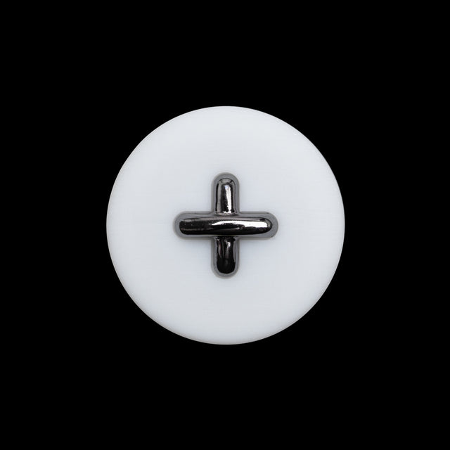 Plastic Shank Back Button - 36L/23mm - White and Metallic Gunmetal Faux Stitched 4-Hole