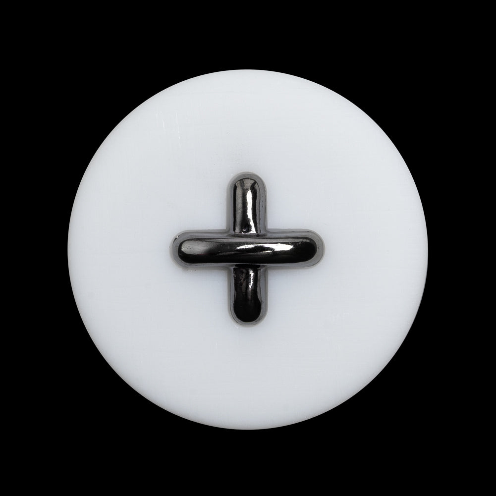 Plastic Shank Back Button - 44L/28mm - White and Metallic Gunmetal Faux Stitched 4-Hole