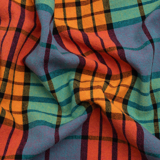 Orange, Green and Blue Plaid Homespun Cotton and Polyester Woven