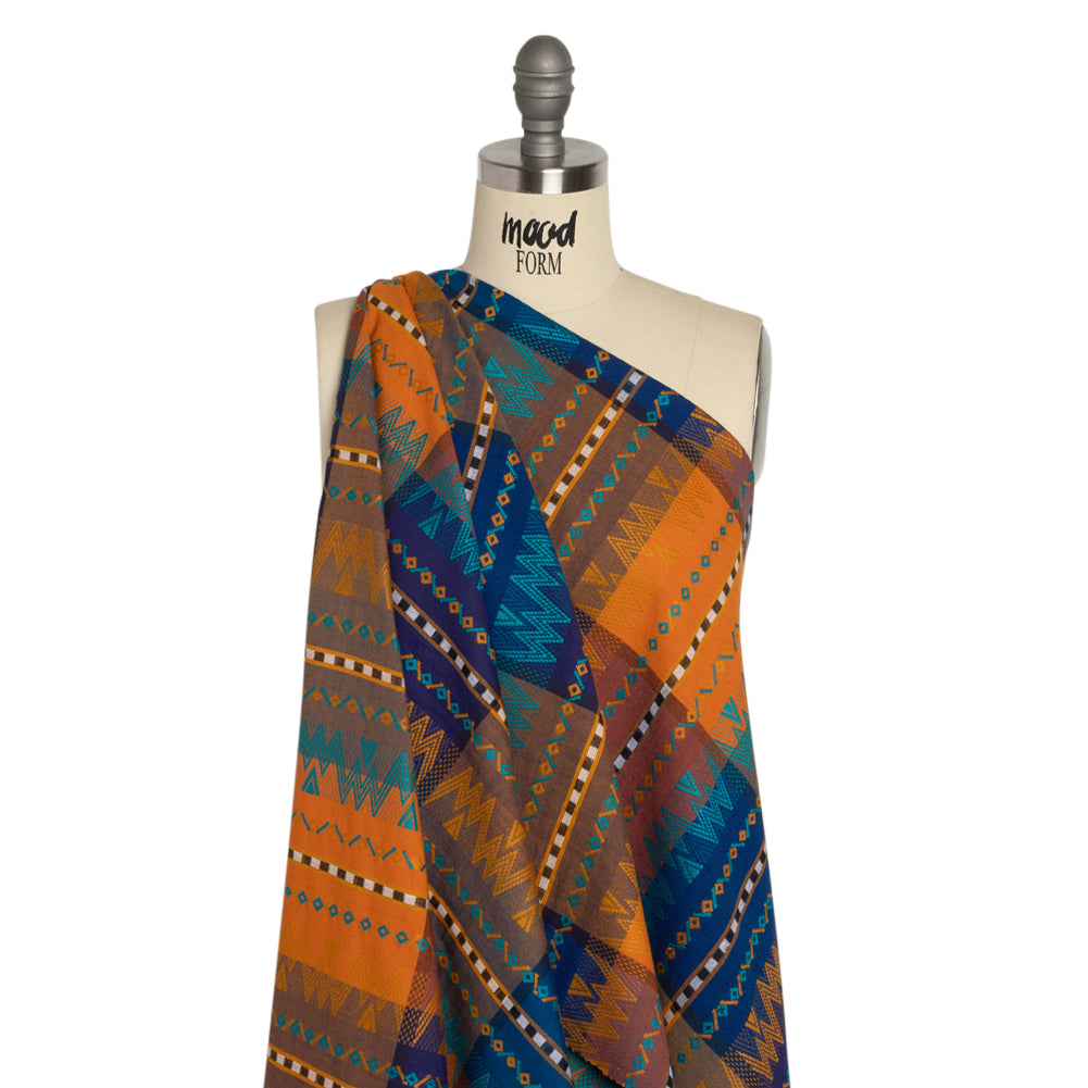 Royal, Orange and Teal Geometric Stripes Cotton and Rayon Jacquard Drape