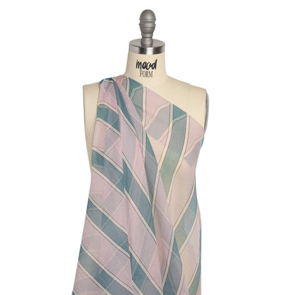 Famous Australian Designer Lilac, French Blue and Cream Striped Crinkled Silk Chiffon Detail