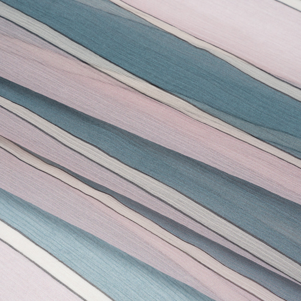 Famous Australian Designer Lilac, French Blue and Cream Striped Crinkled Silk Chiffon Full