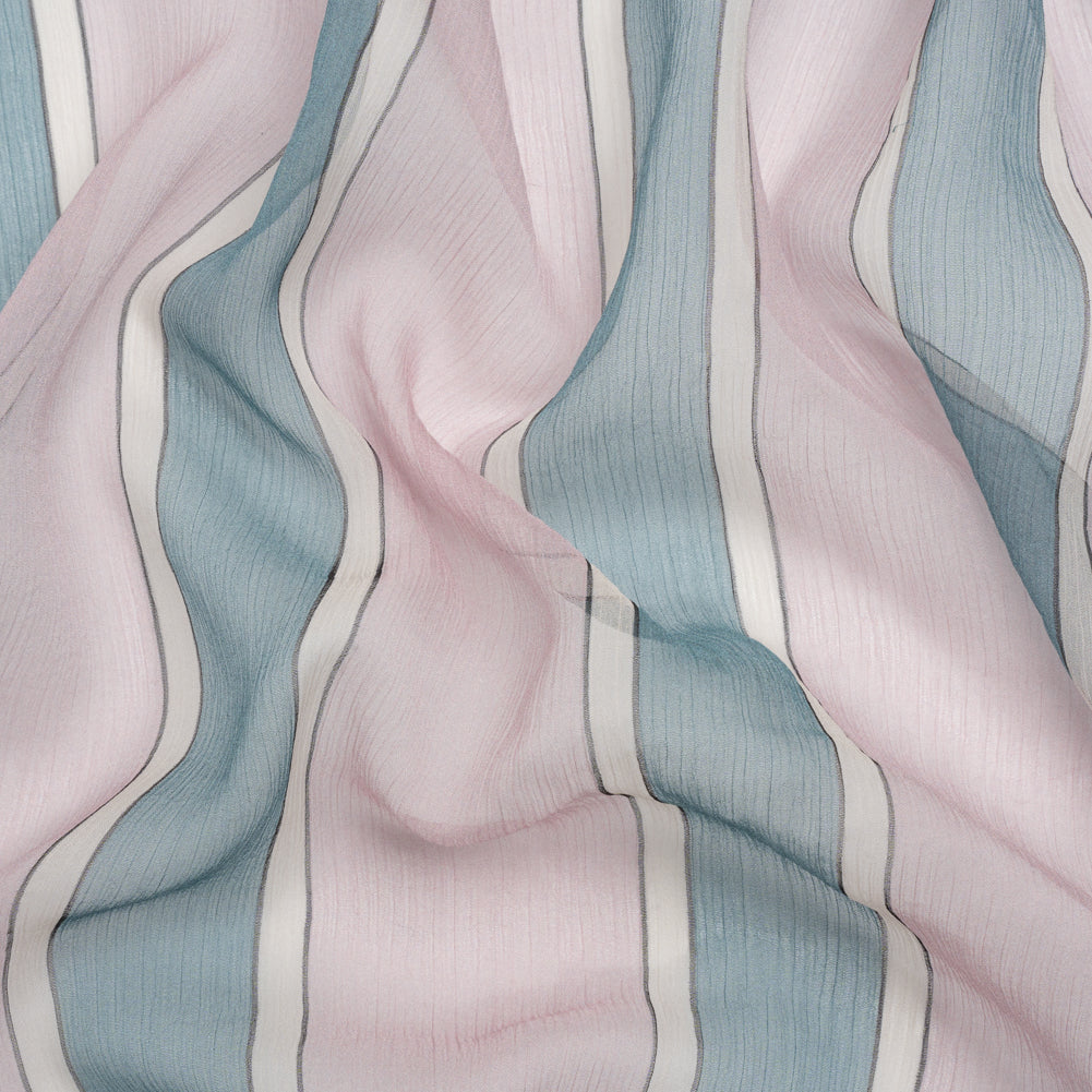 Famous Australian Designer Lilac, French Blue and Cream Striped Crinkled Silk Chiffon