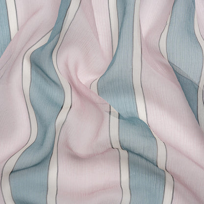 Famous Australian Designer Lilac, French Blue and Cream Striped Crinkled Silk Chiffon