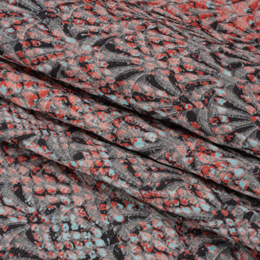 Red, Black and Sky Blue Abstract Printed Fan Flowers Stretch Cotton Matelasse Folded