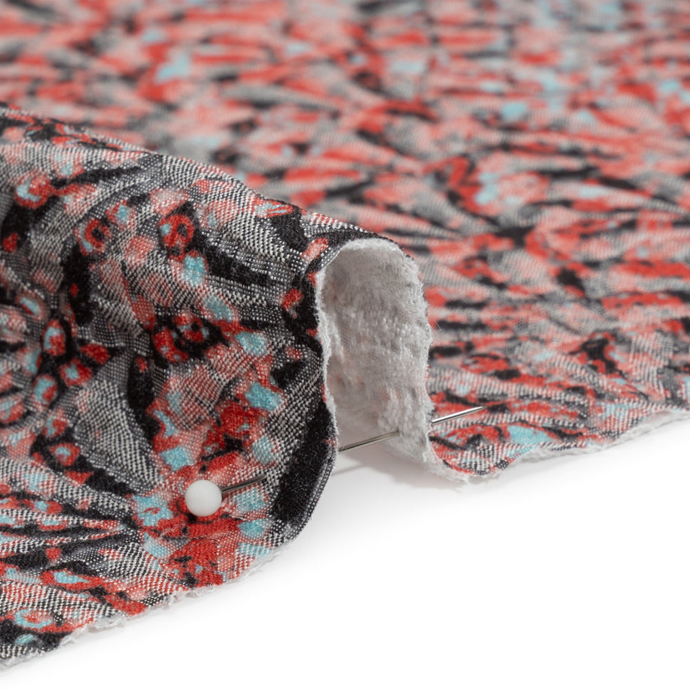 Red, Black and Sky Blue Abstract Printed Fan Flowers Stretch Cotton Matelasse Detail