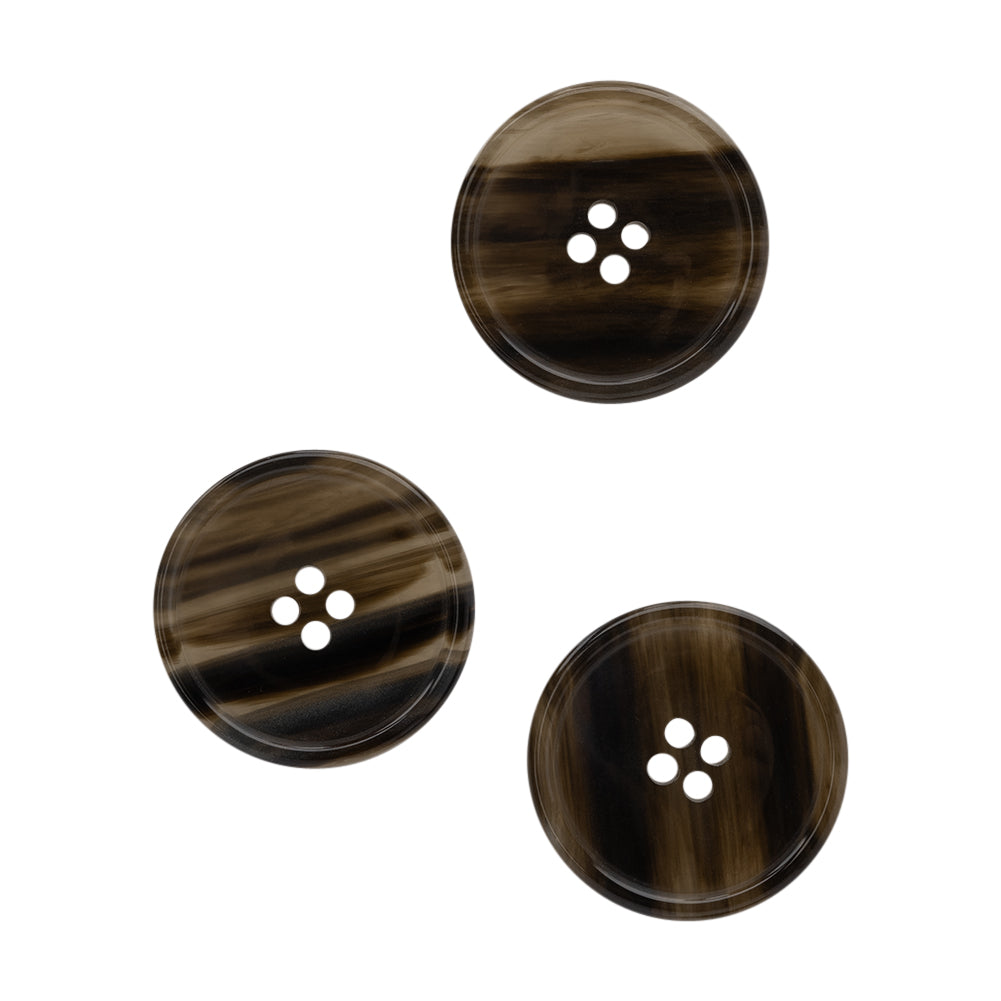Plastic 4-Hole Button - 44L/28mm - Black and Brown Translucent Striations Narrow Rim - Full