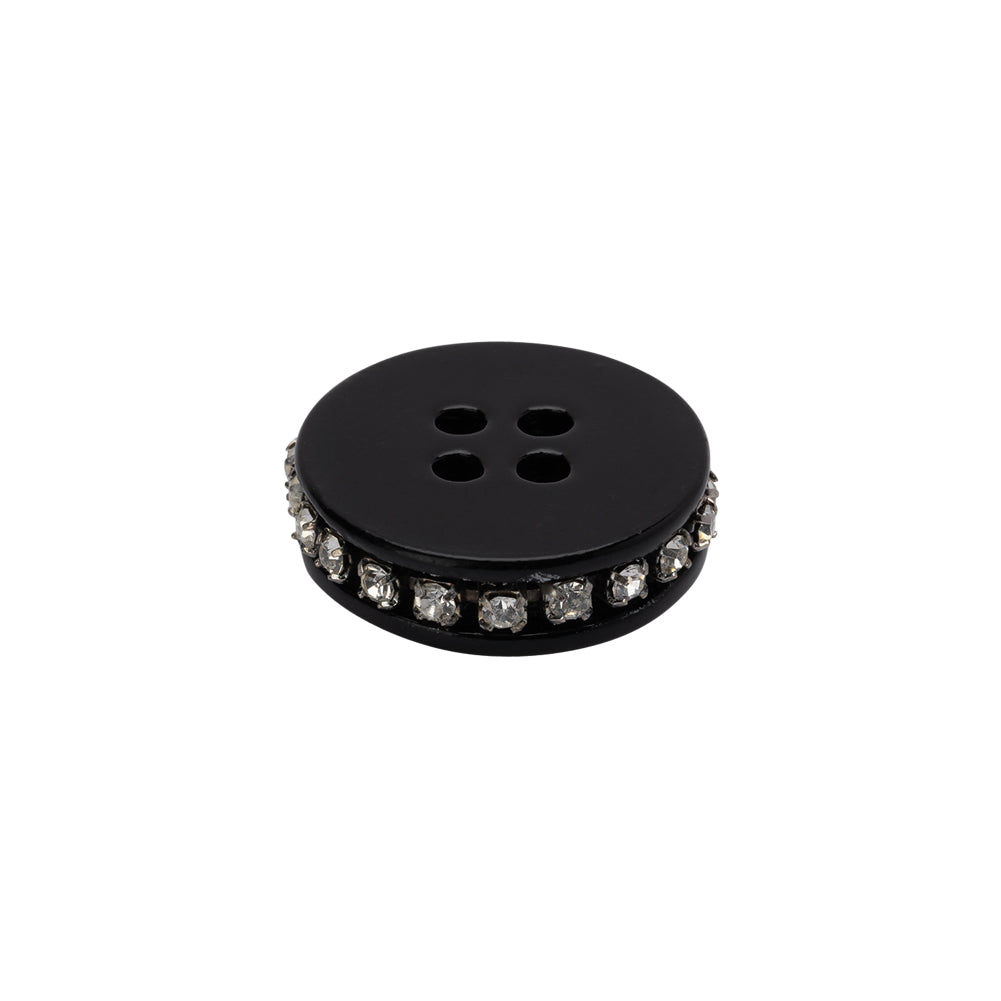 Rhinestone and Metal 4-Hole Button - 28L/18mm - Black and Crystal Rhinestone Belt Rim - Folded