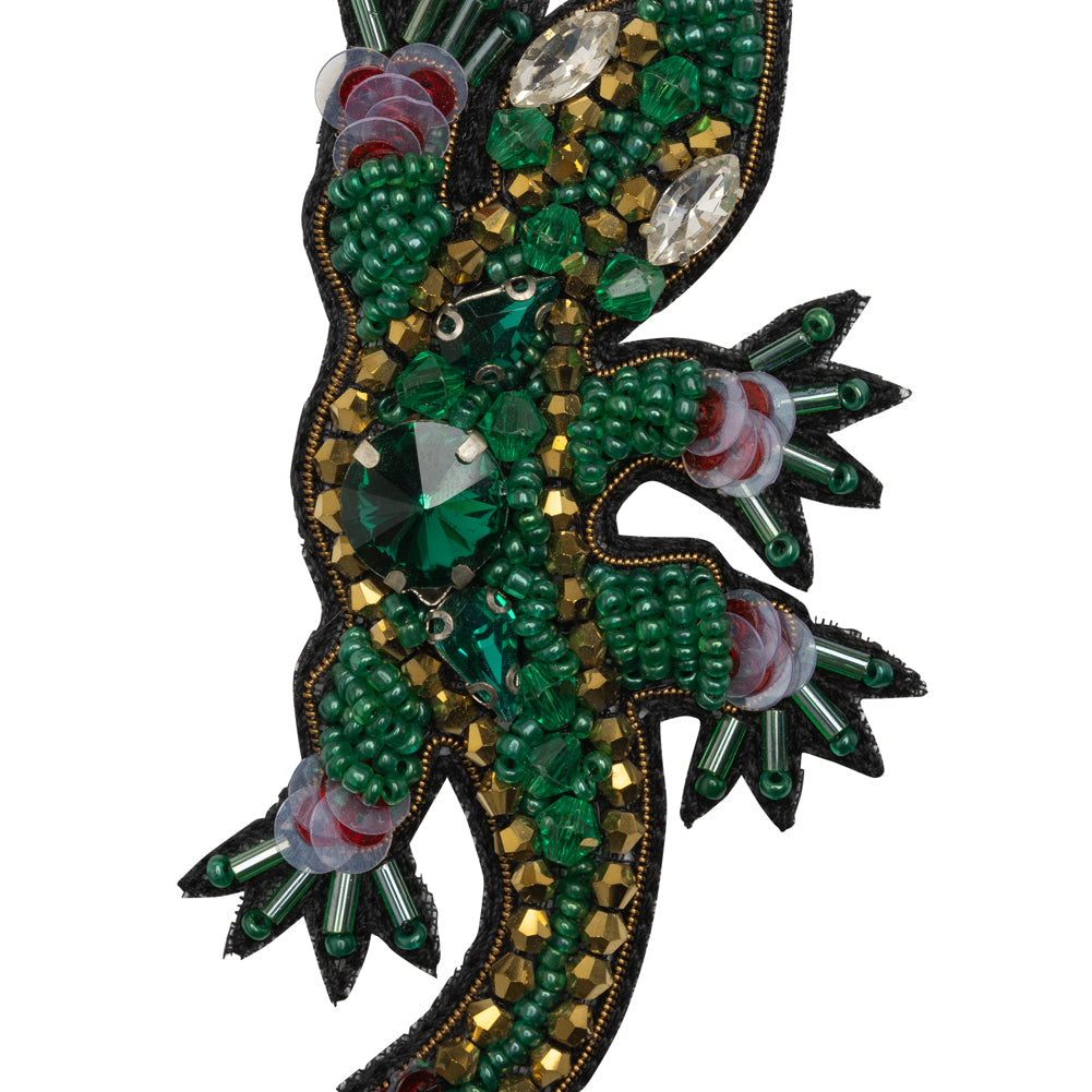 Rhinestones, Sequins and Glass Beaded Applique, 3.5" x 2.75" - Green and Gold Lizard - Alice Collection - Detail