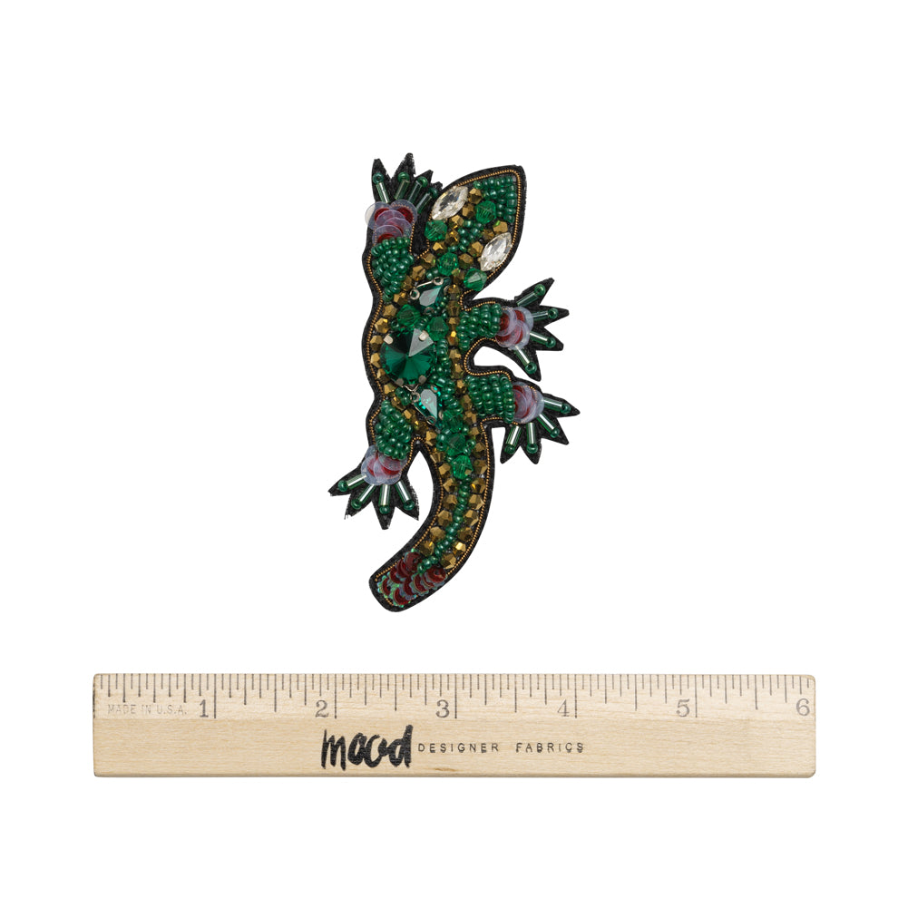 Rhinestones, Sequins and Glass Beaded Applique, 3.5" x 2.75" - Green and Gold Lizard - Alice Collection - Full