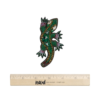 Rhinestones, Sequins and Glass Beaded Applique, 3.5" x 2.75" - Green and Gold Lizard - Alice Collection