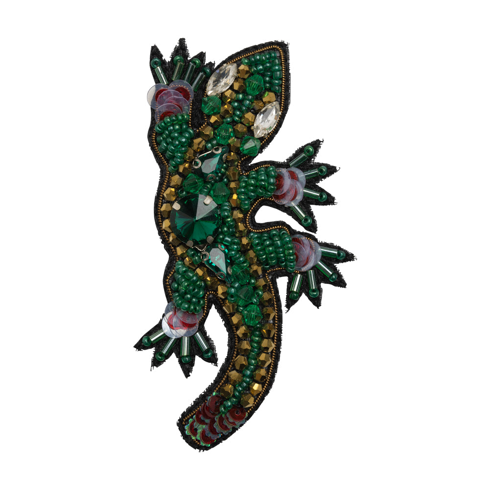 Rhinestones, Sequins and Glass Beaded Applique, 3.5" x 2.75" - Green and Gold Lizard - Alice Collection