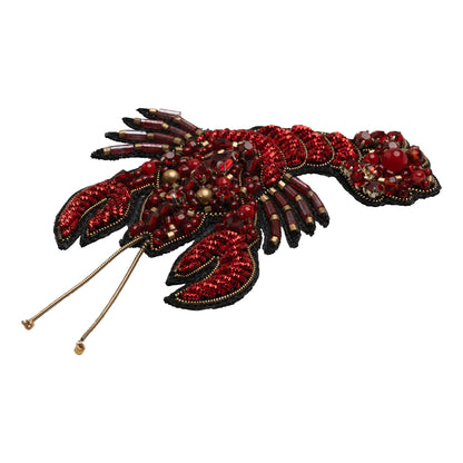 Rhinestones and Glass Beaded Metallic Applique, 3.25" x 2.75" - Red and Gold Lobster - Alice Collection